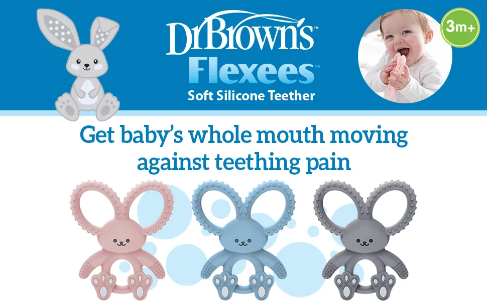 Dr. Brown s Flexees Beaded Teether Rings and Bunny 100% Silicone Soft & Easy to Hold Encourages Self-Soothe 4-Pack Black White Gray BPA Free 3m+ Beaded Teether Rings & Bunny Gray - Dr. Brown