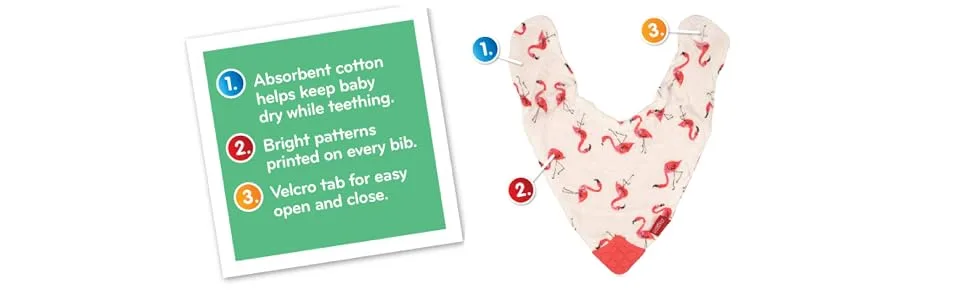 Nuby Reversible 100% Natural Cotton Muslin 2 Piece Teething Bib (Colors/Prints May Vary) 2 Count (Pack of 2) - info