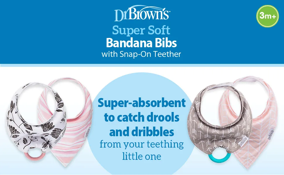 Dr. Brown's Super Soft Bandana Bibs with Two Snap-On Teethers Flowers Pink Stripes Feathers & Dots - Dr. Brown