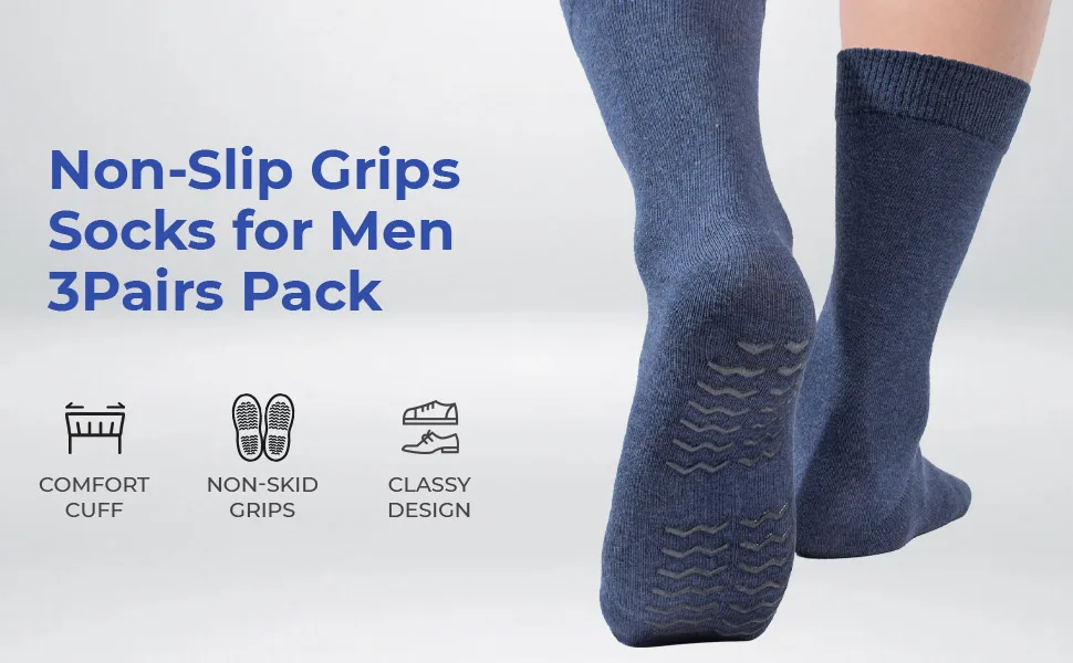 FITEXTREME Non-Skid Diabetic Crew Socks Non Binding Top Cotton Gripper Socks for Men 3Pairs One Size Black - Non-slip grips socks for men 3pair pack