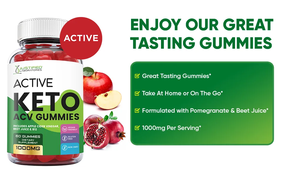 Justified Laboratories Active Keto ACV Gummies 1000MG with Pomegranate Juice Beet Root B12 60 Gummys - Active Keto ACV Gummies