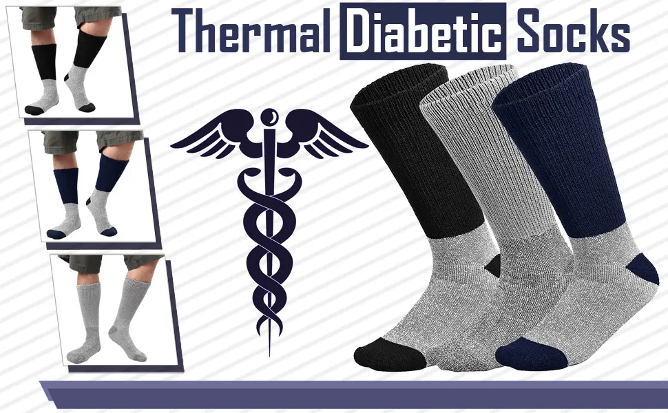 Doctor Recommend Thermal Diabetic Socks Keep Foot Warm Non-Binding Crew Socks For Men Women 13-15 3 Pairs Assorted (Black Grey Navy) - 67-DBT-275-1