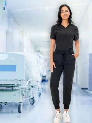 PuriPure Scrub Set for Women Classic V-neck Scrub Top & Jogger Scrub Pants Athletic Nurse Scrub Set with 7 Pockets 4-way Regular Medium Black - joggers scrub set
