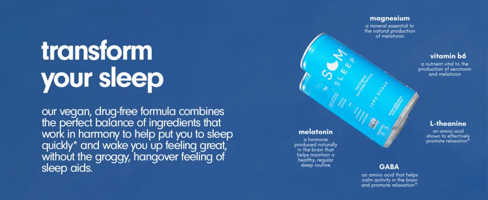 Som Sleep Ultimate Nighttime Set Sleep Mask & Functional Sleep Beverage Zero Sugar - 24-Pack - blue som sleep banner with som sleep zero sugar can surrounded by ingredients