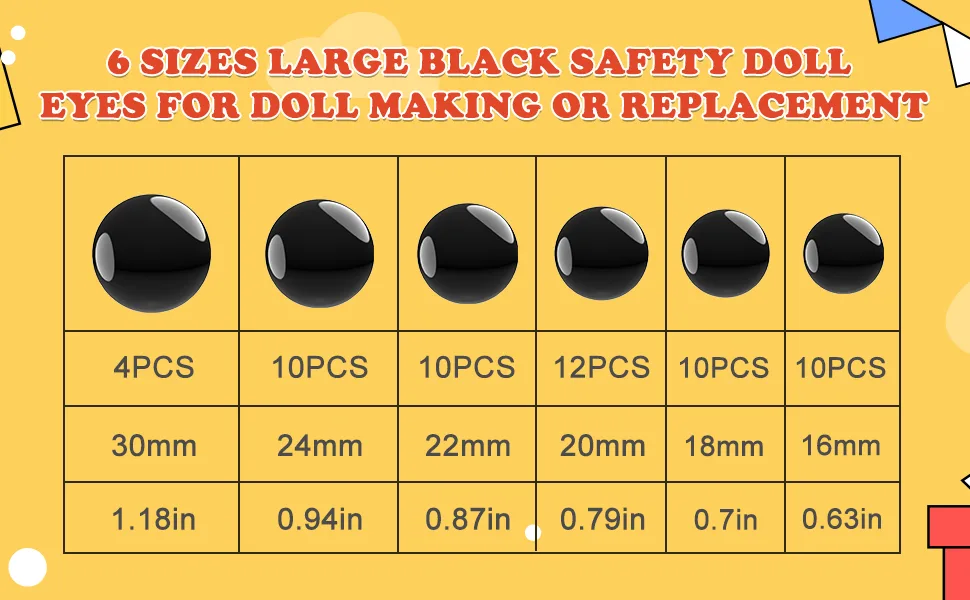 16 30 mm Large Black Safety Eyes for Amigurumi Crochet Crafts Dolls Making Stuffed Animals and Teddy Bear - SIZE