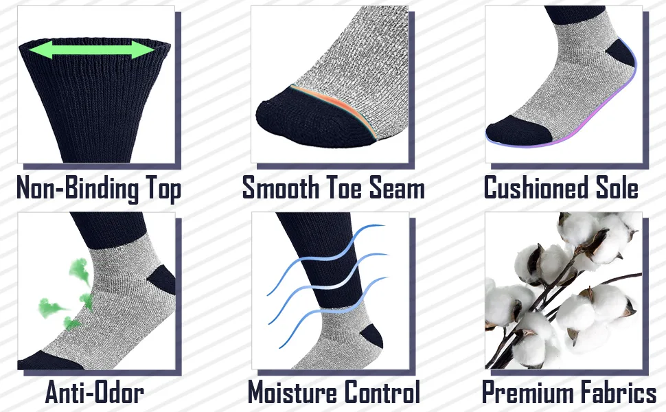 Doctor Recommend Thermal Diabetic Socks Keep Foot Warm Non-Binding Crew Socks For Men Women 9-11 6 Pairs Assorted (Black Grey Navy) - 67-DBT-275-2