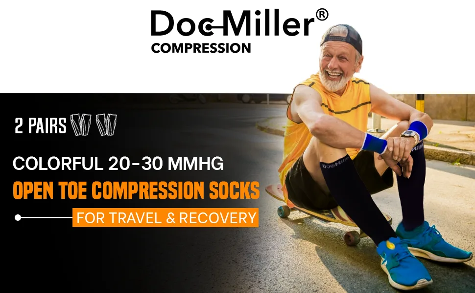 Doc Miller Open Toe Compression Socks 2 Pair 20-30mmHg Support Circulation Recovery Shin Splints Varicose Veins Skin/Nude Large - Open Toe Compression Socks Support Surgery Recovery women knee high Firm Graduated Sleeve