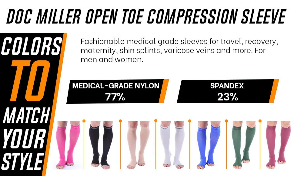 Doc Miller Open Toe Compression Socks 2 Pair 20-30mmHg Support Circulation Recovery Shin Splints Varicose Veins Skin/Nude Large - Open Toe Compression Socks Support Surgery Recovery women knee high Firm Graduated Sleeve