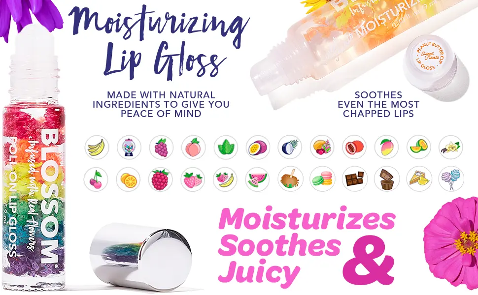 Blossom Scented Roll on Lip Gloss Infused with Real Flowers Made in USA 0.40 fl oz 2 pack Raspberry/Watermelon - chocolate Christmas stocking stuffer birthday bachelorette kids girls teens rainbow cotton candy