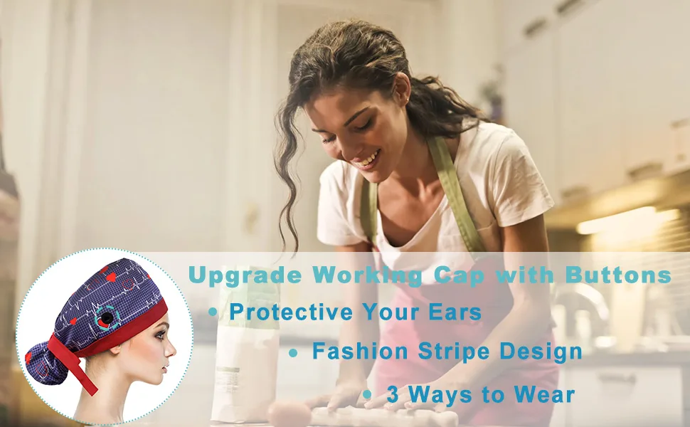 CHUANGLI 3Pcs Long Hair Working Caps with Button and Sweatband Adjustable Cotton Ponytail Hats for Women #A05 - work hat