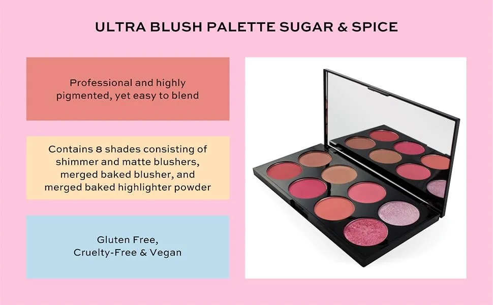 Makeup Revolution Ultra Blush Makeup Palette Bronzer & Highlighter Includes 8 Shades Gluten free Vegan & Cruelty Free Sugar & Spice 13g - Ultra Blush Palette Sugar & Spice