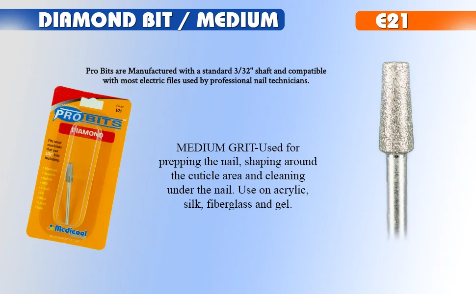 Medicool Diamond Prepper Small Bit -E21- for Prepping Shaping and Cleaning Under Nail Manicure and Pedicure | E21 - acrylic nail kit, nails, nail file, nail drill, nail art, drill set, nail, little bits, Medicool