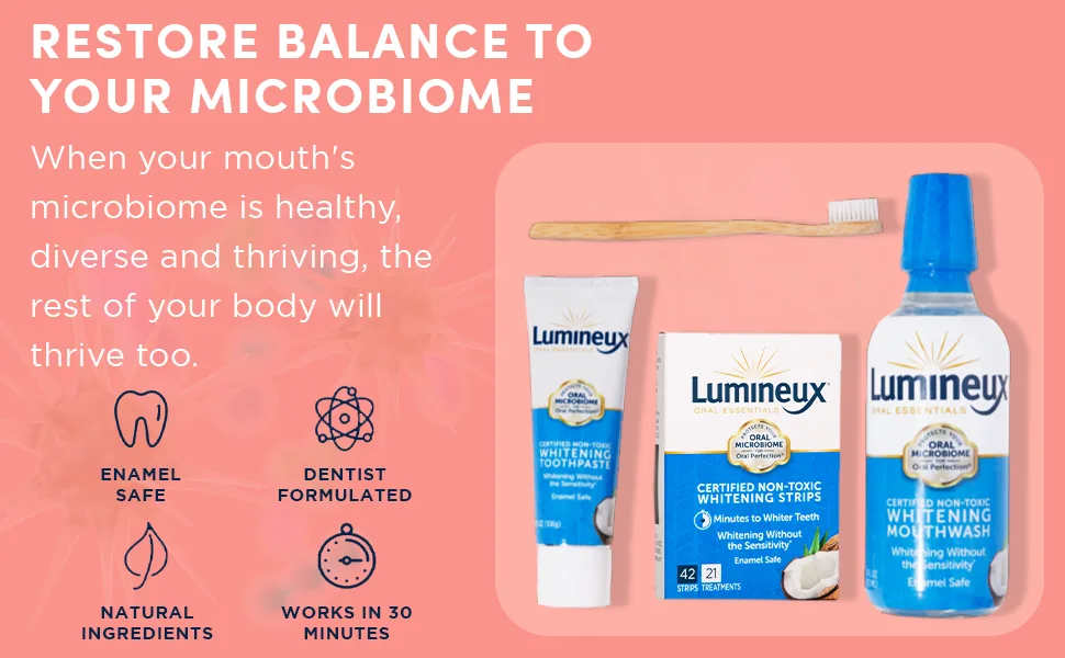 Lumineux Oral Essentials Teeth Whitening Toothpaste and Whitening Mouthwash Bundle - 14 Whitening Strips - Lumineux Oral Essentials Teeth Whitening Toothpaste and Whitening Mouthwash Bundle