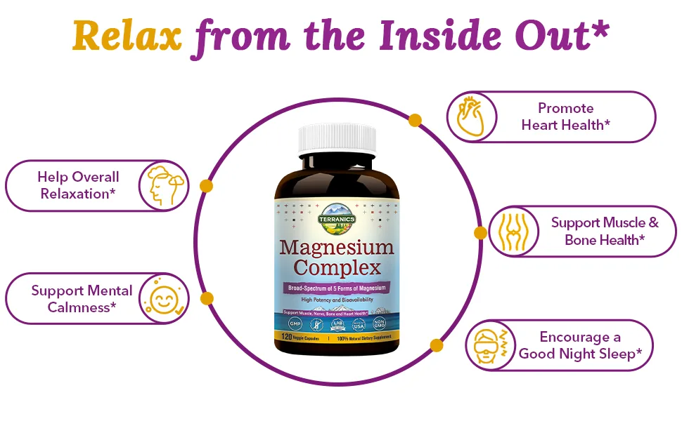 Terranics Magnesium Complex Total 240 Capsules Max Absorption Glycinate Citrate Malate Aspartate Gluconate Support Heart Mood Sleep Muscle Health - Terranics Magnesium Complex supports occasional stress relief and good sleep*