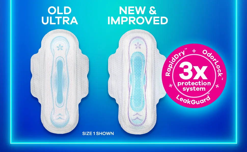Always Ultra Thin Pads for Women Size 1 Regular Absorbency Without Wings Unscented 44 Count x 3 Packs (132 Count total) - Visual of old Always Ultra Thin Pad next to new and improved version with triple protection system.