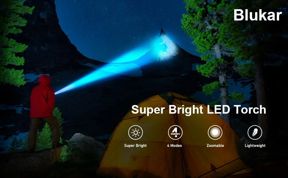 Blukar Flashlight Rechargeable High Lumens Tactical Flashlight Super Bright Small LED Flash Light-Zoomable Adjustable Brightness Long Lasting for Camping Outdoors Christmas Gifts Men & Women Black 1 pack-Black - product information 1