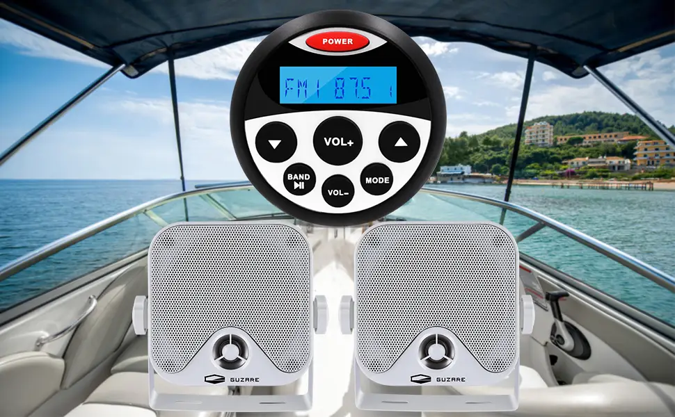 GUZARE Marine Stereo Speaker Package Bluetooth MP3/USB AM/FM Waterproof Radio Bundle for Boat SPA ATV UTV - Marine Speaker and Stereo Receiver GR-304301W