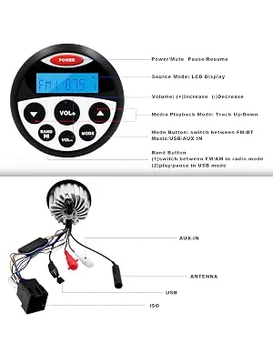 GUZARE Marine Stereo Speaker Package Bluetooth MP3/USB AM/FM Waterproof Radio Bundle for Boat SPA ATV UTV - Marine Stereo Receiver GR-304