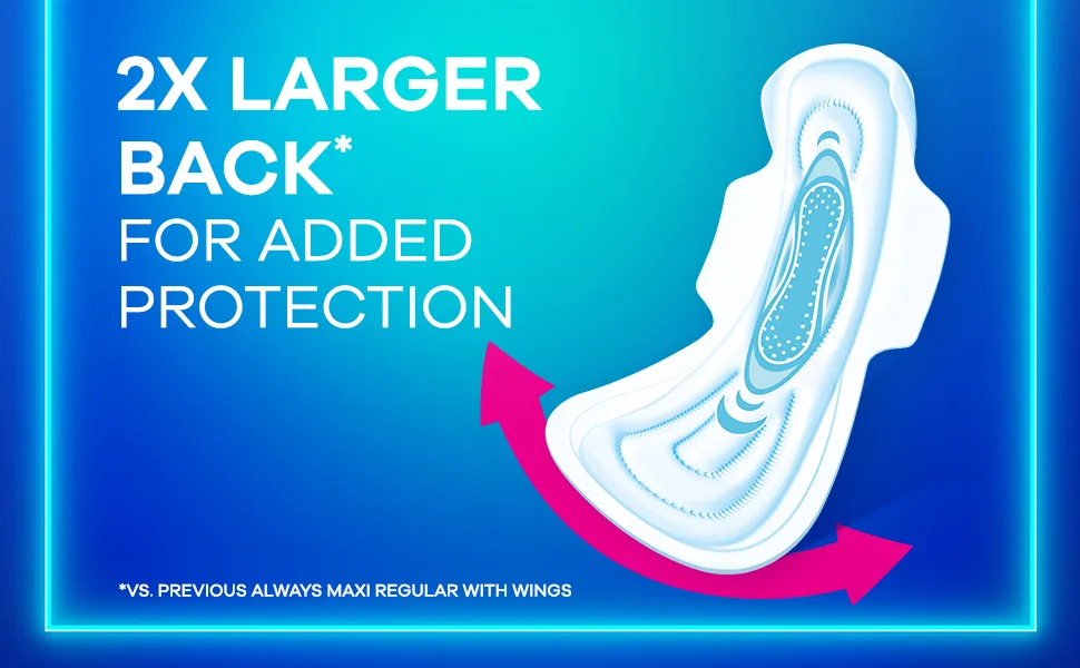 Always Maxi Overnight Pads with Wings Size 5 Extra Heavy Overnight Unscented 72 Count - Visual of Always Maxi Overnight pad, showing the larger back for added protection at night.