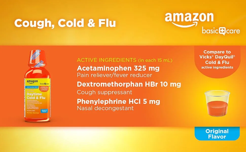 Amazon Basic Care Daytime Cold and Flu Relief Non-Drowsy Liquid Cold Medicine 12 Fluid Ounce 12 Fl Oz (Pack of 1) - Cough, Cold & Flu