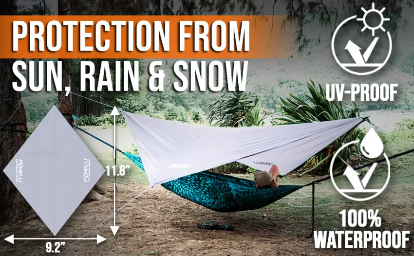 Foxelli Rain Tarp Hammock Rain Fly 12ft Lightweight Camping Tarp Waterproof Backpacking Tarp Shelter with Included Extra Long Guy Lines & Stakes Diamond 12' x 9' Gray - Waterproof Foxelli Backpacking Rain Tarp Shelter