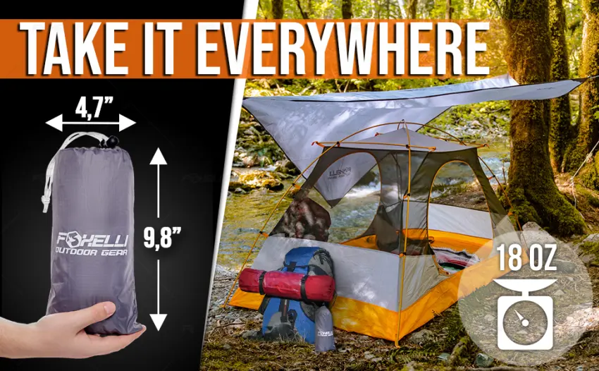 Foxelli Rain Tarp Hammock Rain Fly 12ft Lightweight Camping Tarp Waterproof Backpacking Tarp Shelter with Included Extra Long Guy Lines & Stakes Diamond 12' x 9' Gray - Waterproof Foxelli Lightweight Rain Tarp Shelter