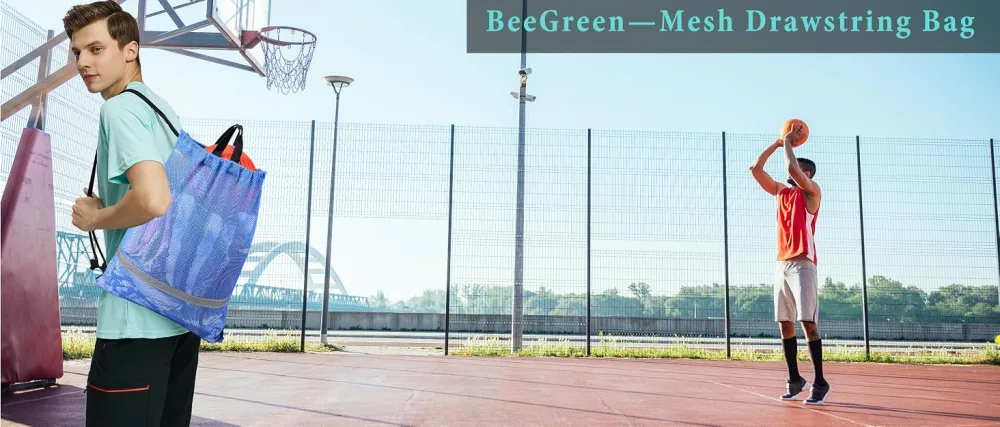 BeeGreen Mesh Drawstring Bag Beach Backpack Lightweight Heavy Duty Sackpack for Sport Blue - BeeGreen Mesh Drawstring Bag