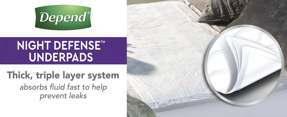 Depend Underpads (Formerly Bed Protectors) for Incontinence Disposable 36"x 21" Slip Resistant Overnight Absorbency 24 Count (2 Packs of 12) (Packaging May Vary) - Night Defense Underpads