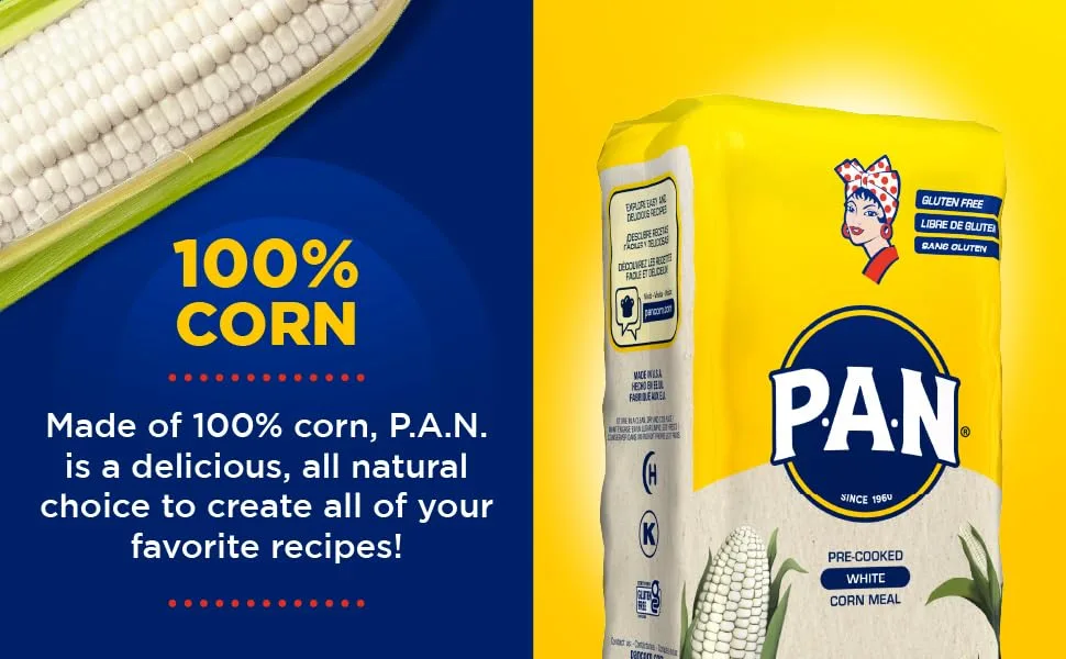 P.A.N. White Corn Meal Pre-cooked Gluten Free and Kosher Flour for Arepas (2.2 lb / Pack of 4) - Polar