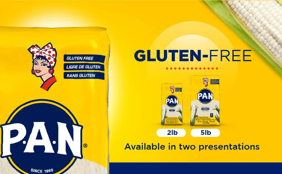 P.A.N. White Corn Meal Pre-cooked Gluten Free and Kosher Flour for Arepas (2.2 lb / Pack of 4) - Polar