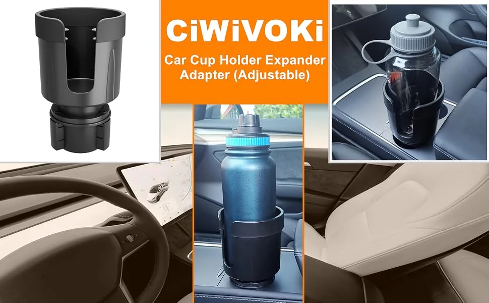 CiWiVOKi Car Cup Holder Expander with Adjustable Base - Fits YETI Hydro Flask Nalgene 10/46 oz Bottles Mugs Cups in 3.4"-4.0" 1 pack L - Car Cup Holder Expande