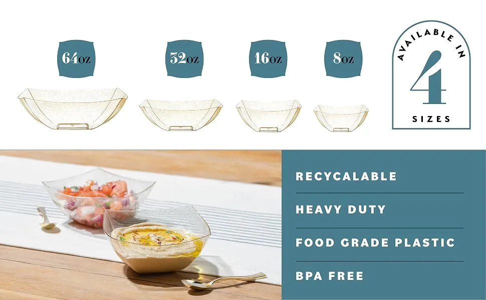 Posh Setting Square Plastic Serving Bowls Medium Gold Glitter Plastic Serving Bowls 4 Pack Plastic Disposable Party Snack Buffet Chips or Salad Bowl Heavy Duty 32 OUNCE GOLD GLITTER - Square salad bowls gold glitter