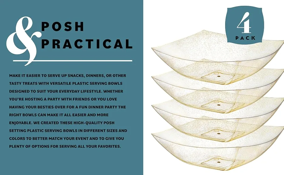 Posh Setting Square Plastic Serving Bowls Medium Gold Glitter Plastic Serving Bowls 4 Pack Plastic Disposable Party Snack Buffet Chips or Salad Bowl Heavy Duty 32 OUNCE GOLD GLITTER - Square salad bowls gold glitter