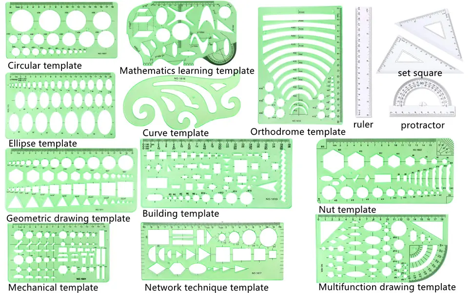 CFTfabMS 15Pcs Geometric Stencils Drawing Templates Drawing Stencils Drafting Tools with Geometry Set Circle Curve Shape Stencils Drafting Tools with Case for Drawing Design School - drafting tools
