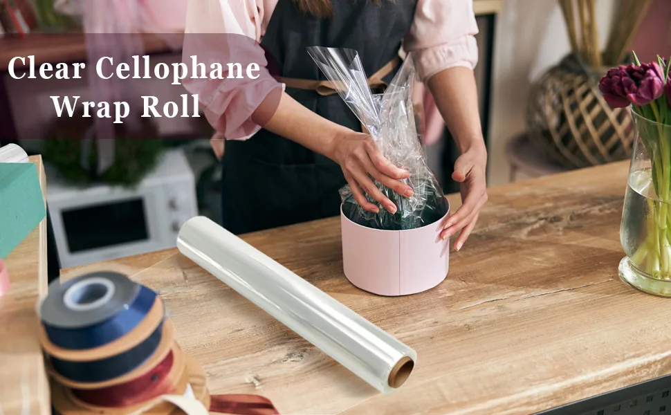 Yotelab Cellophane Wrap Roll Cellophane Roll 31.5in x 100ft Clear Plastic Wrapping Paper To Wrap Gift Baskets 1 Count (Pack of 1) - clear cellophane wrap roll