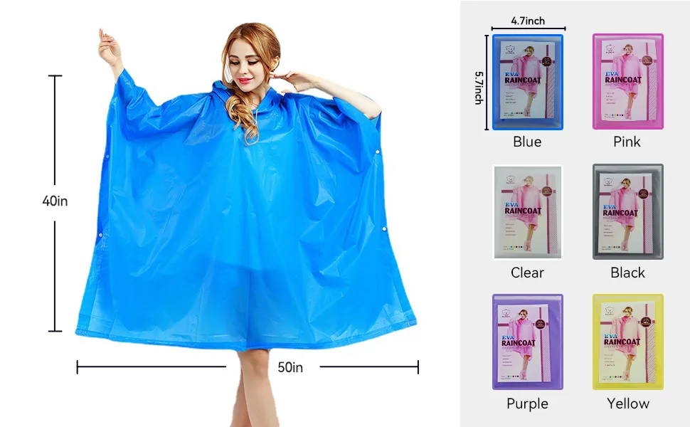 Rain Ponchos for Adults Women Reusable Raincoat with Drawstring Hood Men Waterproof EVA Rain Coats Family Pack (2 Pack) Pink Pink - Size
