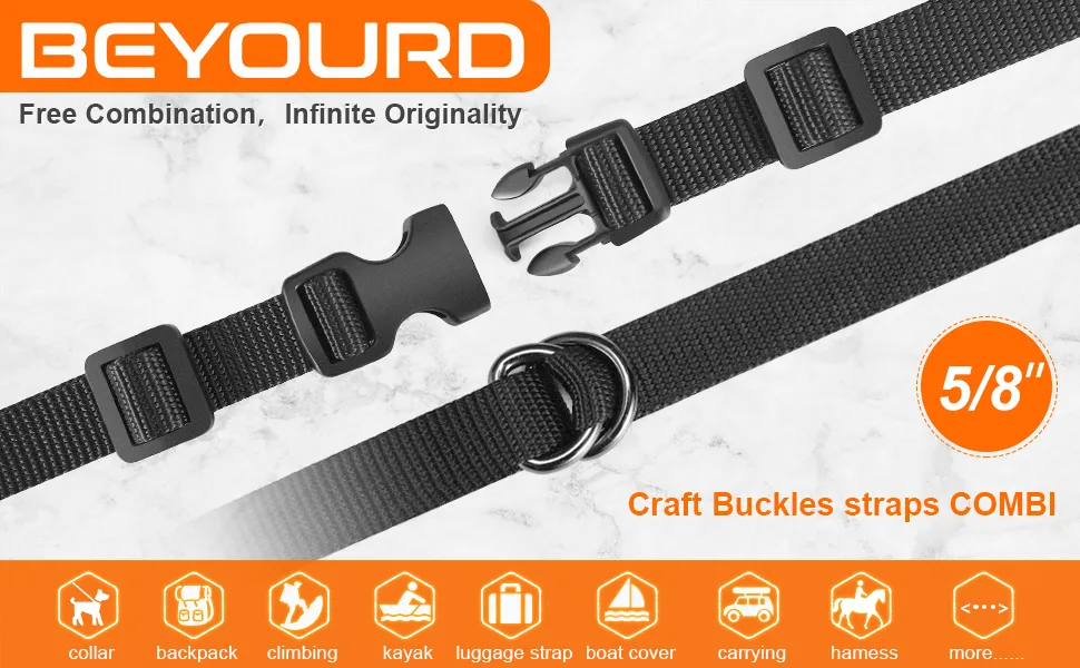 Buckle Strap Set 5/8 Inch: Nylon Webbing Straps 6 Yards Quick Side Release Plastic Buckles Dual Adjustable 6 Pack Tri-Glide Slide Clip 12 PCS Metal D Rings 6 PCS Black - BEYOURD Webbing Buckle COMBI