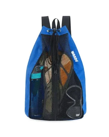 WANDF Swim Bag Mesh Drawstring Backpack with Wet Pocket Beach Backpack for Swimming Gym and Workout Gear Navy Blue Large - 6048