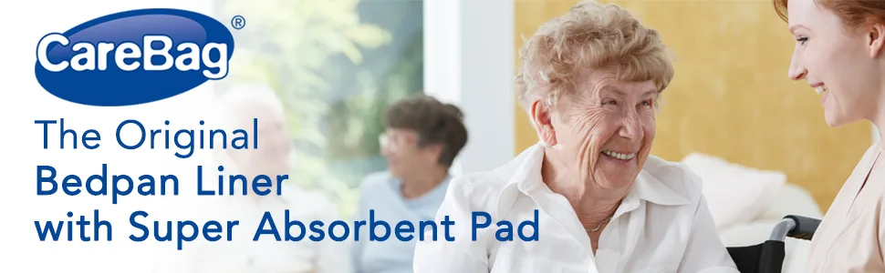 Carebag Commode & Bedpan Liners with Super Absorbent Pad 60 Count (3 Boxes of 20) Fits Any Size Bedpan Universal Liner Designed for Bedside Commode Buckets and Bedpans - THe original carebag bedpan liner with super absorbent pad premium