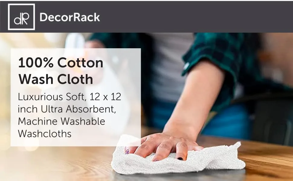 DecorRack 10 Pack 100% Cotton Wash Cloth Luxurious Soft 12 x 12 inch Ultra Absorbent Machine Washable Washcloths White (10 Pack) 10 Pack White - washcloth white