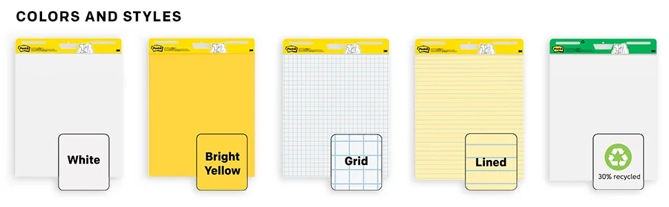 Post-it Super Sticky Easel Pad 20 in x 23 in Sheets 20 Sheets/Pad 2 Pad/Pack Great for Virtual Teachers and Students (566B-2PK) - Different colors and styles of Post-it Easel Pads: White, Bright Yellow, Grid, Lined and Recycled
