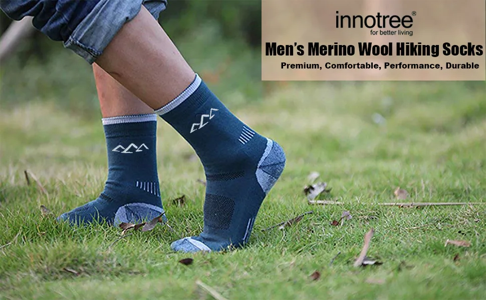 innotree 3 Pack Men's Merino Wool Hiking Socks Full Cushioned Hiking Walking Socks Moisture Wicking Micro Crew Socks - innotree men
