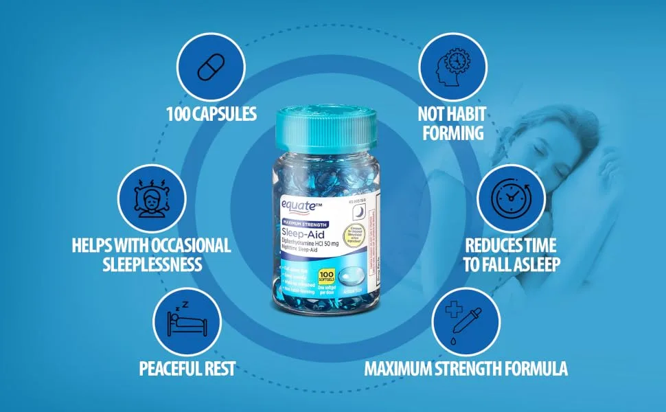 Equate Maximum Strength Sleep-Aid Softgels 50mg 100 Ct (2 Pack) Bundle with Exclusive "Have a Great Sleep" - Better Idea Guide (3 Items) 100 Count (Pack of 2) - Ads 4