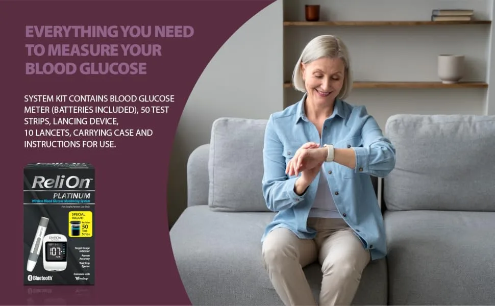 ReliOn Platinum Starter Kit | Wireless Blood Glucose Meter 50 Platinum Test Strip Lancing Device 10 Lancets and Carrying case Bundle with Exclusive "Look After Your Diabetes" - Better Idea Guide (2 Items) 1 Pack (50 Test Strips) - Everything you need ad