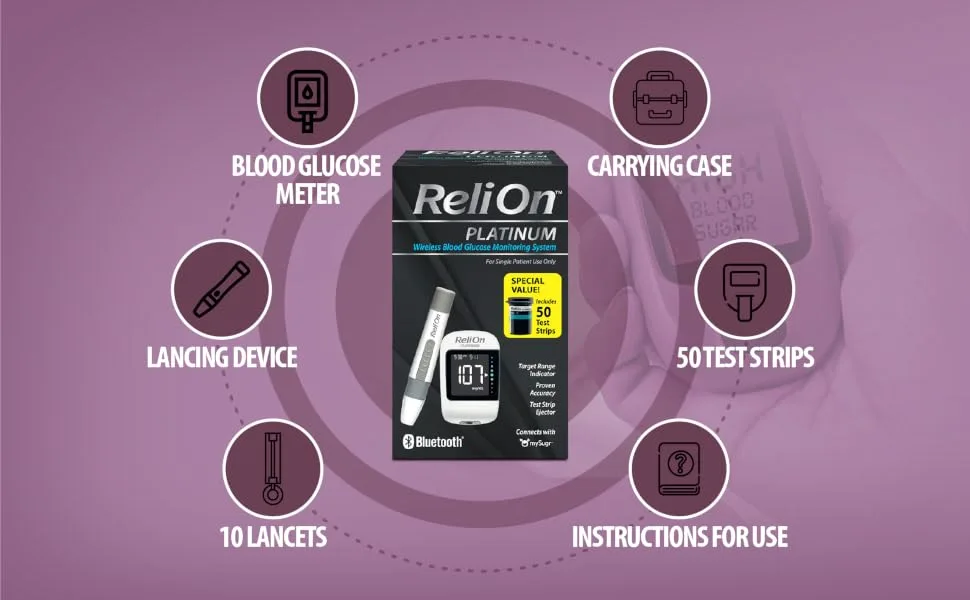 ReliOn Platinum Starter Kit | Wireless Blood Glucose Meter 50 Platinum Test Strip Lancing Device 10 Lancets and Carrying case Bundle with Exclusive "Look After Your Diabetes" - Better Idea Guide (2 Items) 1 Pack (50 Test Strips) - ReliOn Platinum Starter icons