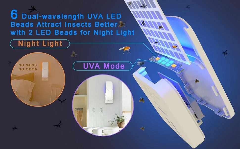 Mosalogic Flying Insect Trap Plug-in Mosquito Killer Indoor Gnat Moth Catcher Fly Tapper with Night Light UV Attractant Catcher for Home Office White-1PACK 1Pack White - product information 15