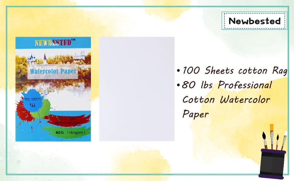 100Sheets Newbested White Watercolor Paper Cold Press Cut Bulk Pack for Beginning Artists or Students. (10 x 7 Inch) - 100 Sheets cotton Rag 94 lbs Professional Cotton Watercolor Paper