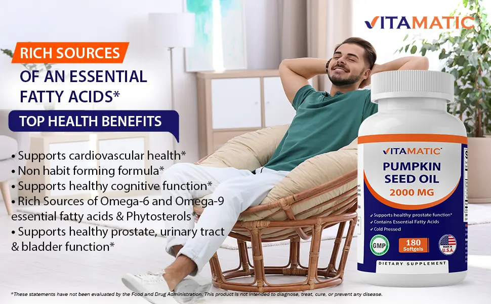 3 Pack - Vitamatic Pumpkin Seed Oil 2000mg Softgel Capsules per Serving - Total 540 Softgels - 1000mg per softgel - Pumpkin Seed Oil