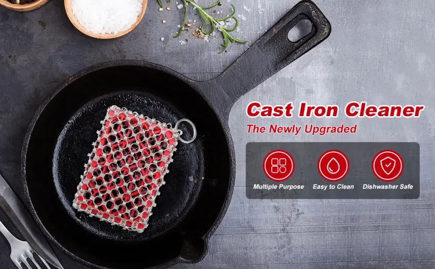 4 Pack Cast Iron Cleaner - Cast Iron Scrubber Skillet Cleaner Chainmail Scrubber for Cast Iron Pans with Pan Scraper Grill Scraper Kitchen Towel Red - cast iron cleaner