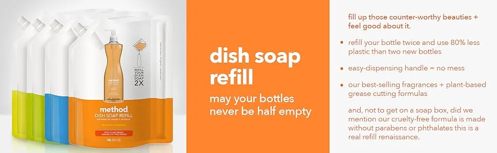Method Gel Dish Soap Refill Lemon Mint Biodegradable Formula Tough on Grease 36 Fl Oz (Pack of 6) 36 Ounce (Pack of 6) - dish soap, dish washing, dish soap refills